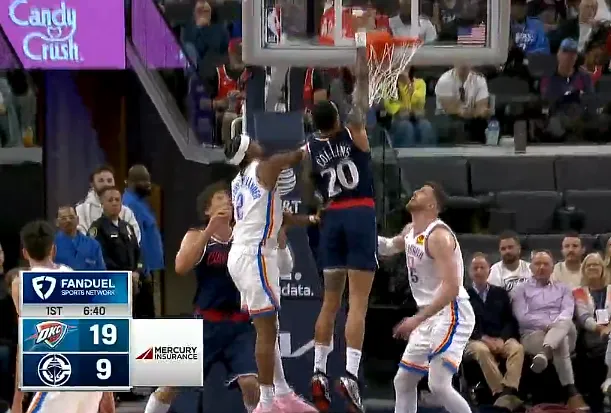 爱游戏中国官网-霍姆格伦三分投进已经拿到10分，雷霆开局19-9打停快船